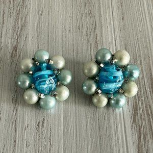 Gorgeous Vintage Blue Bead Cluster Clip On Earrings Signed Japan